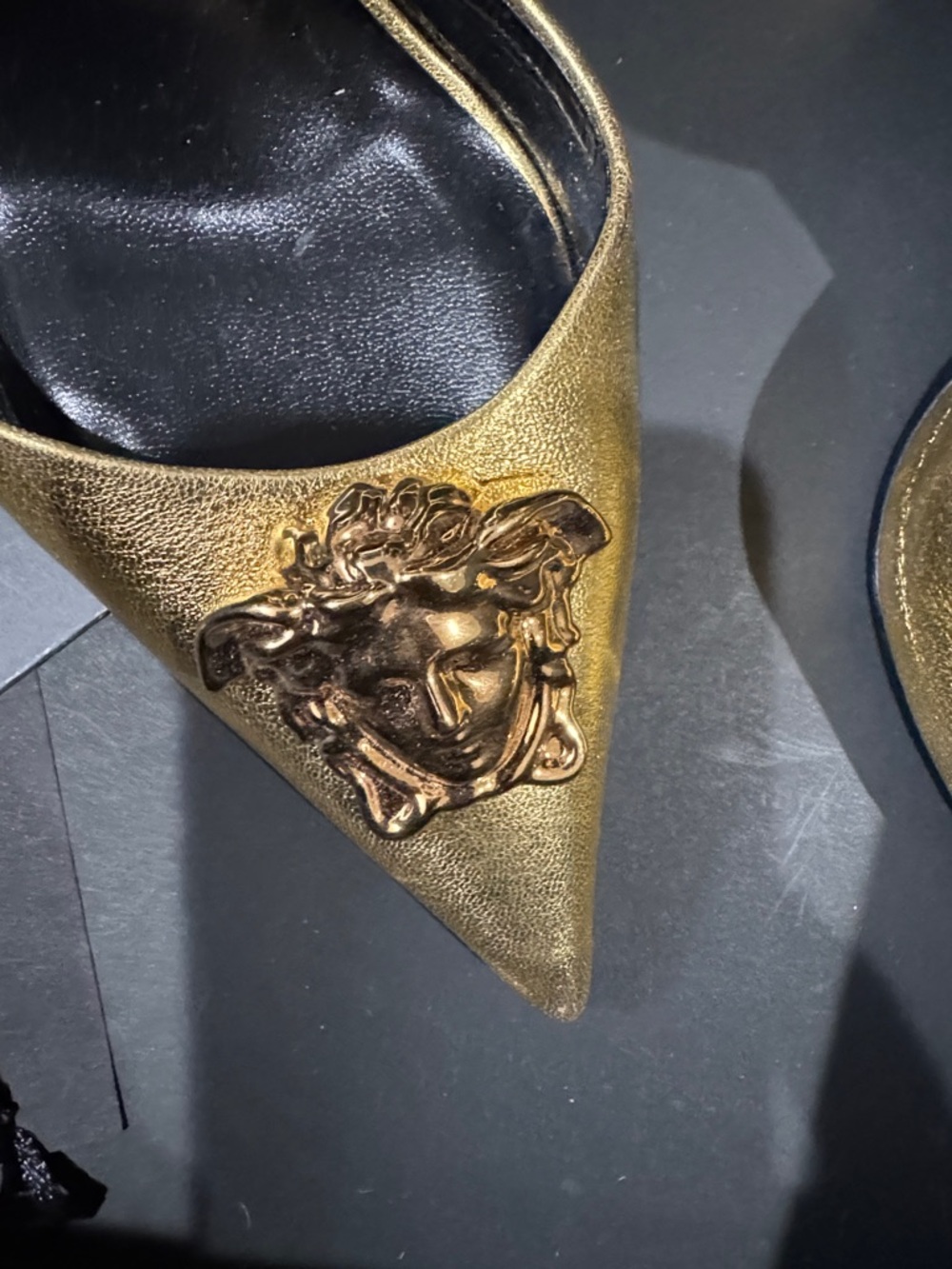 Versace Metallic Gold Medusa Pointed Slingback Heels - Picture 2 of 4